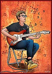 Ilustracja, grafika, protret chopka z gitar pop art